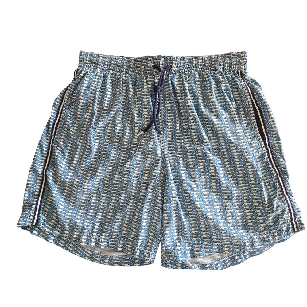 Boggi Milano Mens Blue Fish Print Swim Trunks Made in Italy Size M Mesh Lined